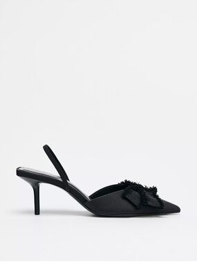Zara Black Slingback Pointed-Toe Kitten Heel with Frayed Bow 7.5